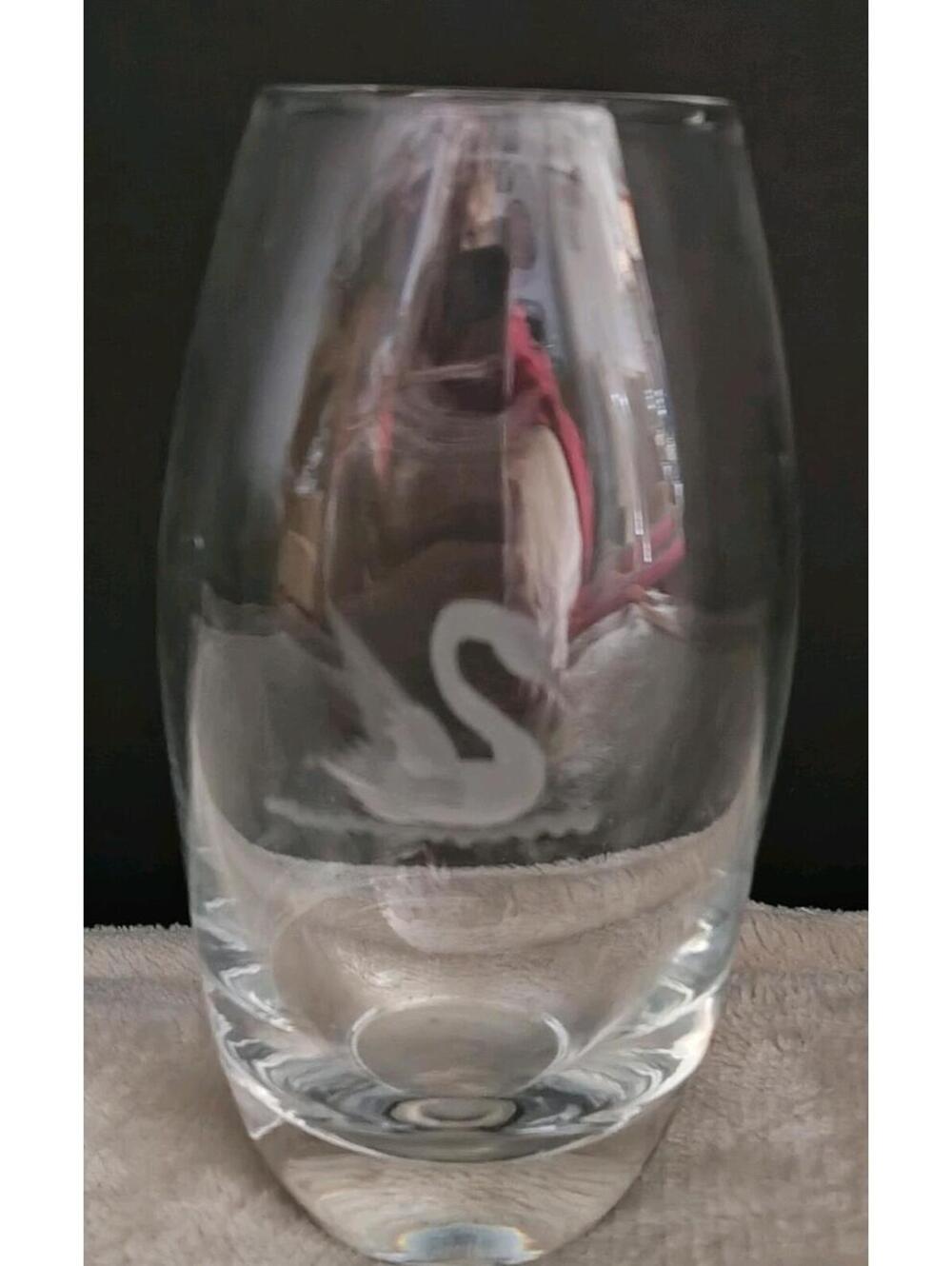 VTG Crystal Vase 6” Tall Etched Swan Scandinavian MCM Glass
